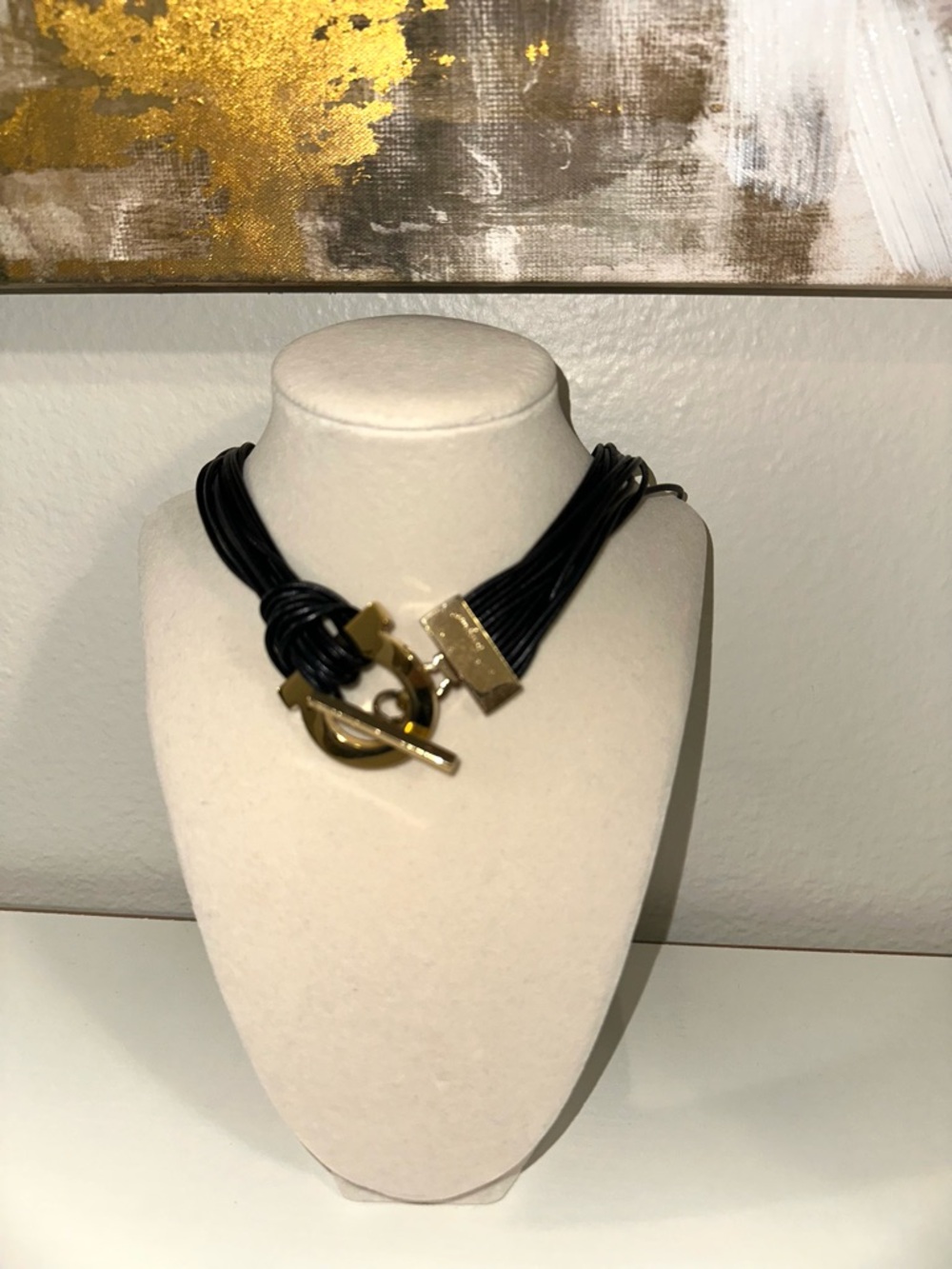 SALVATORE FERRAGAMO Gold Hardware Black Multi-Strand Leather Necklace